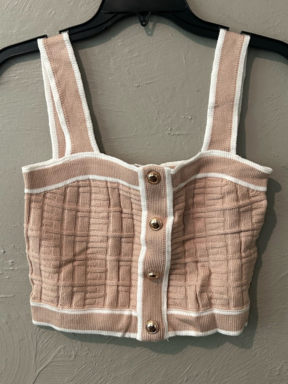 Textured Taupe Crop Tank with Contrast Trim Gold Buttons